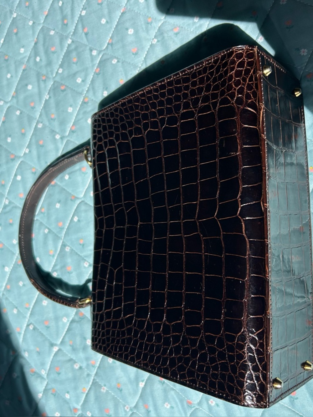 Vtg Celine logo ring dark brown Croc-Embossed exotic skin Top Handle Bag purse - Picture 10 of 16